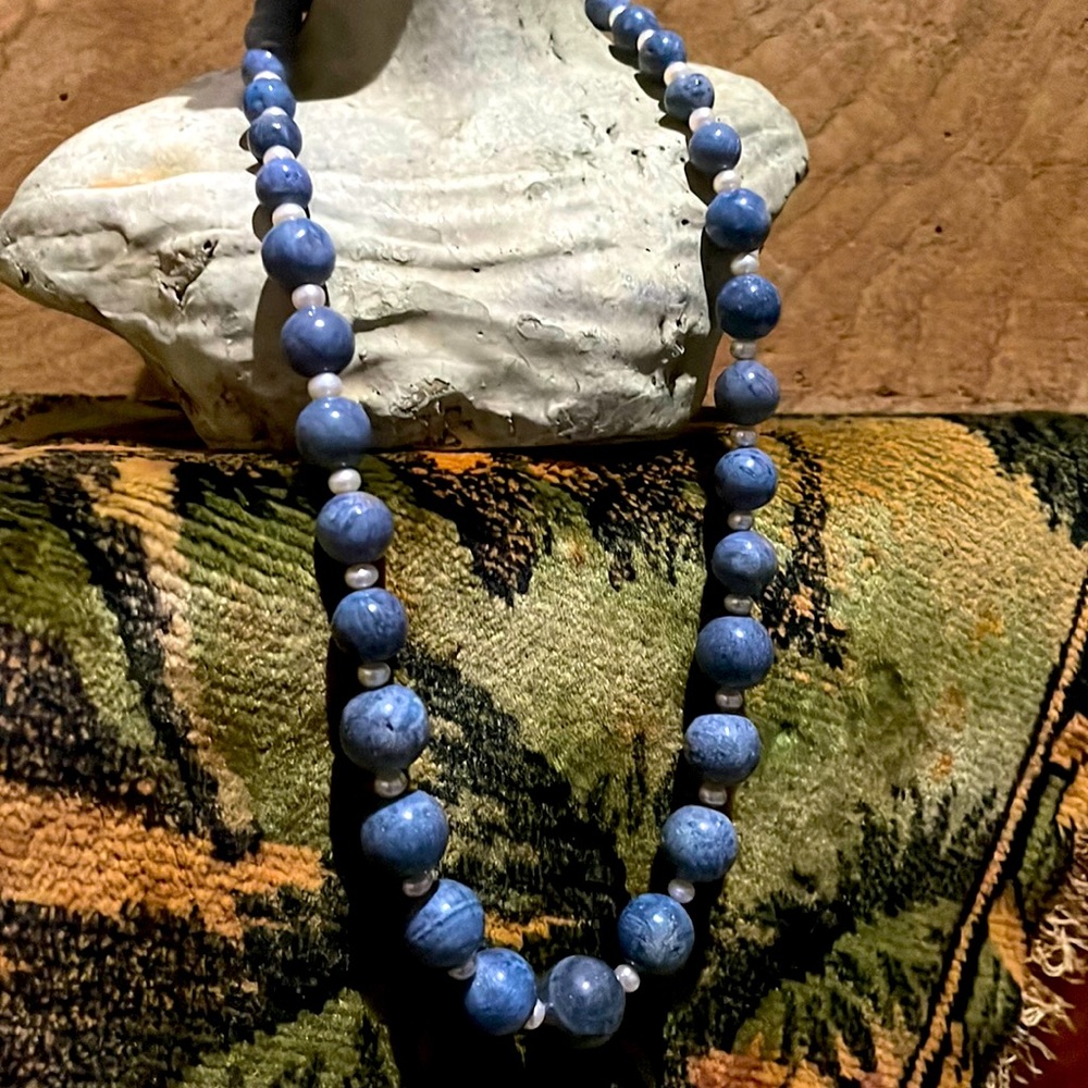 Stated but casual blue coral bead necklace. small paperwork & original box